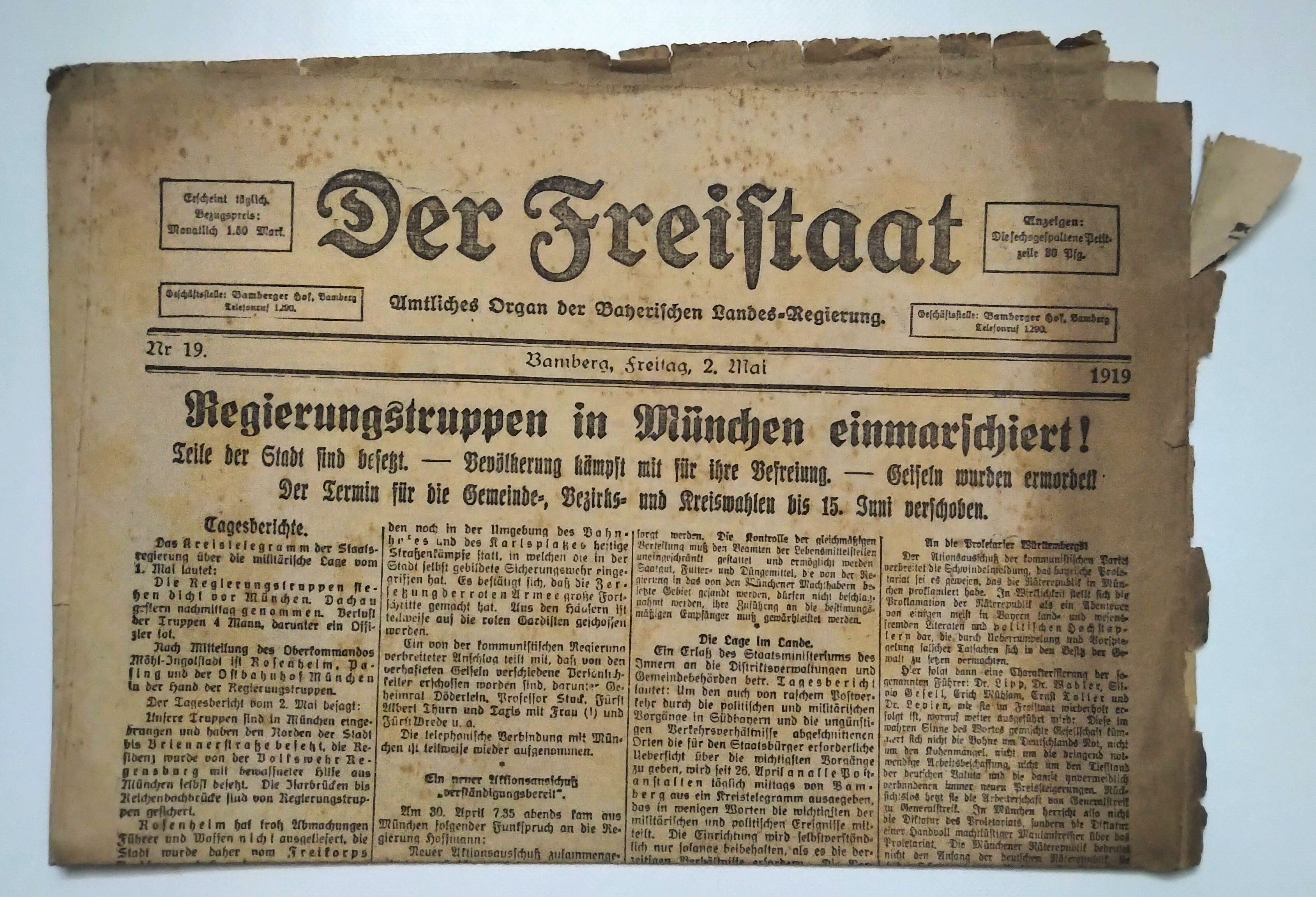 Der Freistaat 1919 Nr 19 Regierungstruppen in München einmarschiert Zeitung