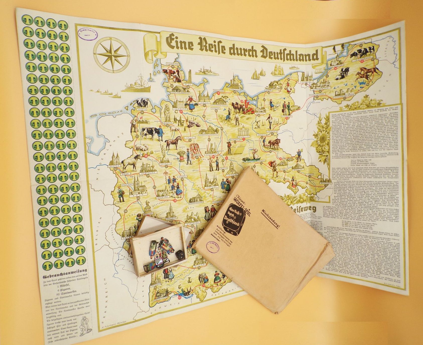 Reise durch Deutschland Würfelspiel 1930er mit Figuren Brettspiel