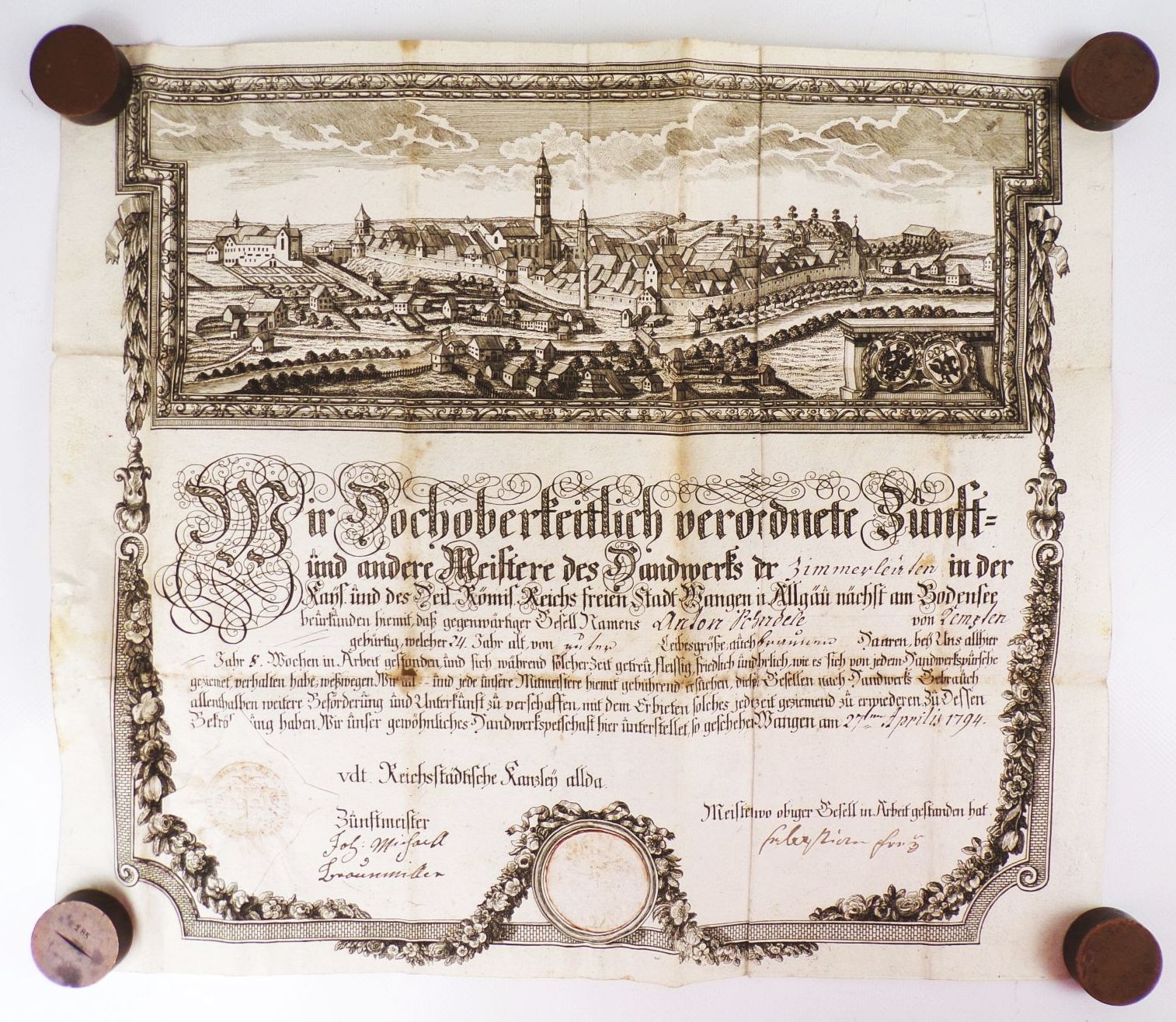 Uralter Gesellenbrief Zimmermann 1794 Wangen Allgäu Kupferstich