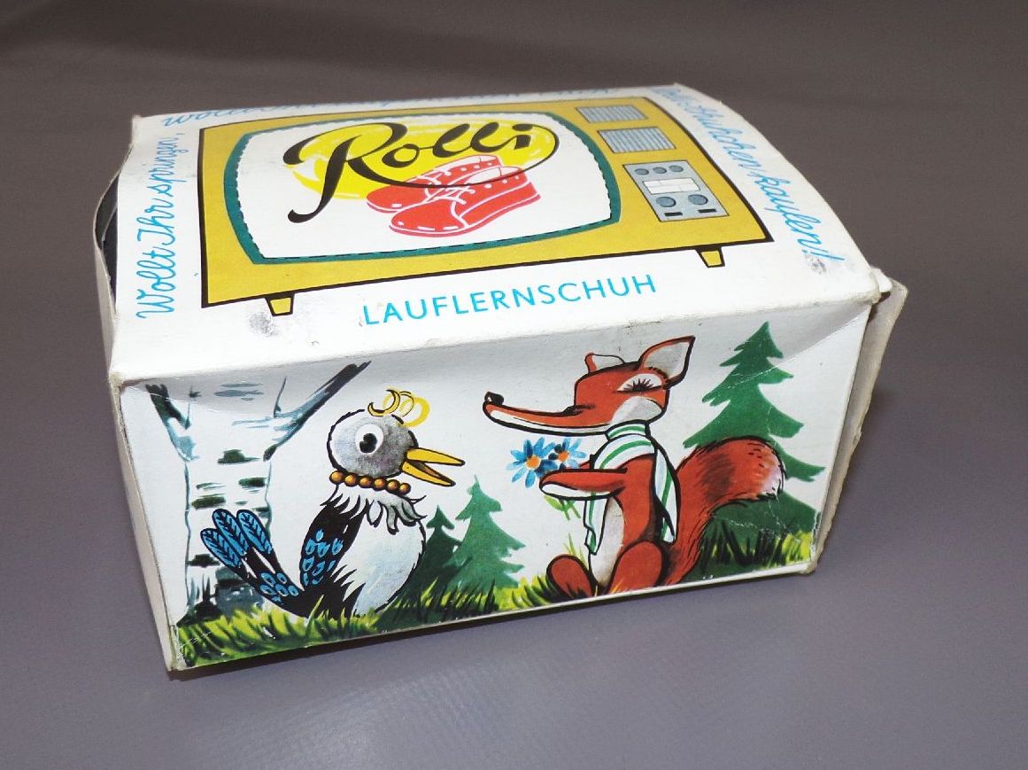 Rolli Schuhe Kinderschuhe Lauflernschuhe Originalkarton Fuchs Elster Reklame
