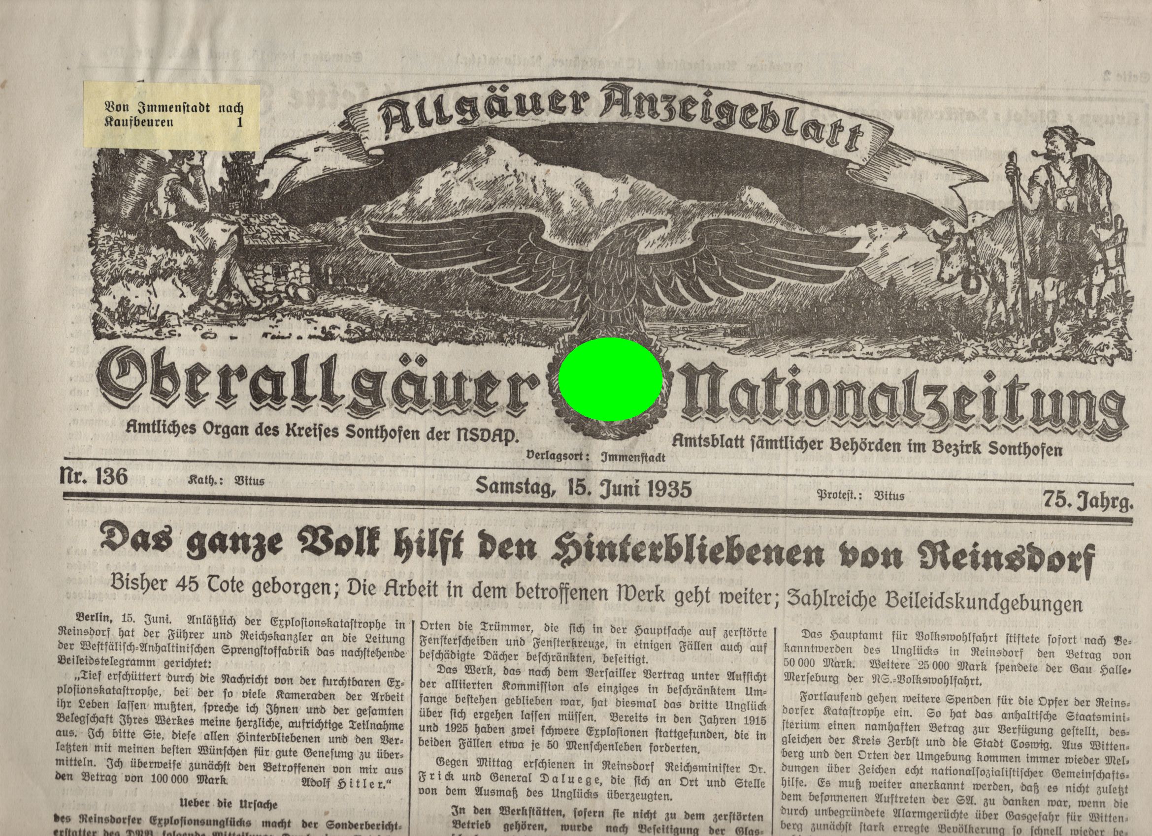 Oberallgäuer Nationalzeitung 1935 Nummer 136 Allgäuer Anzeigeblatt Kreis Sonthofen 