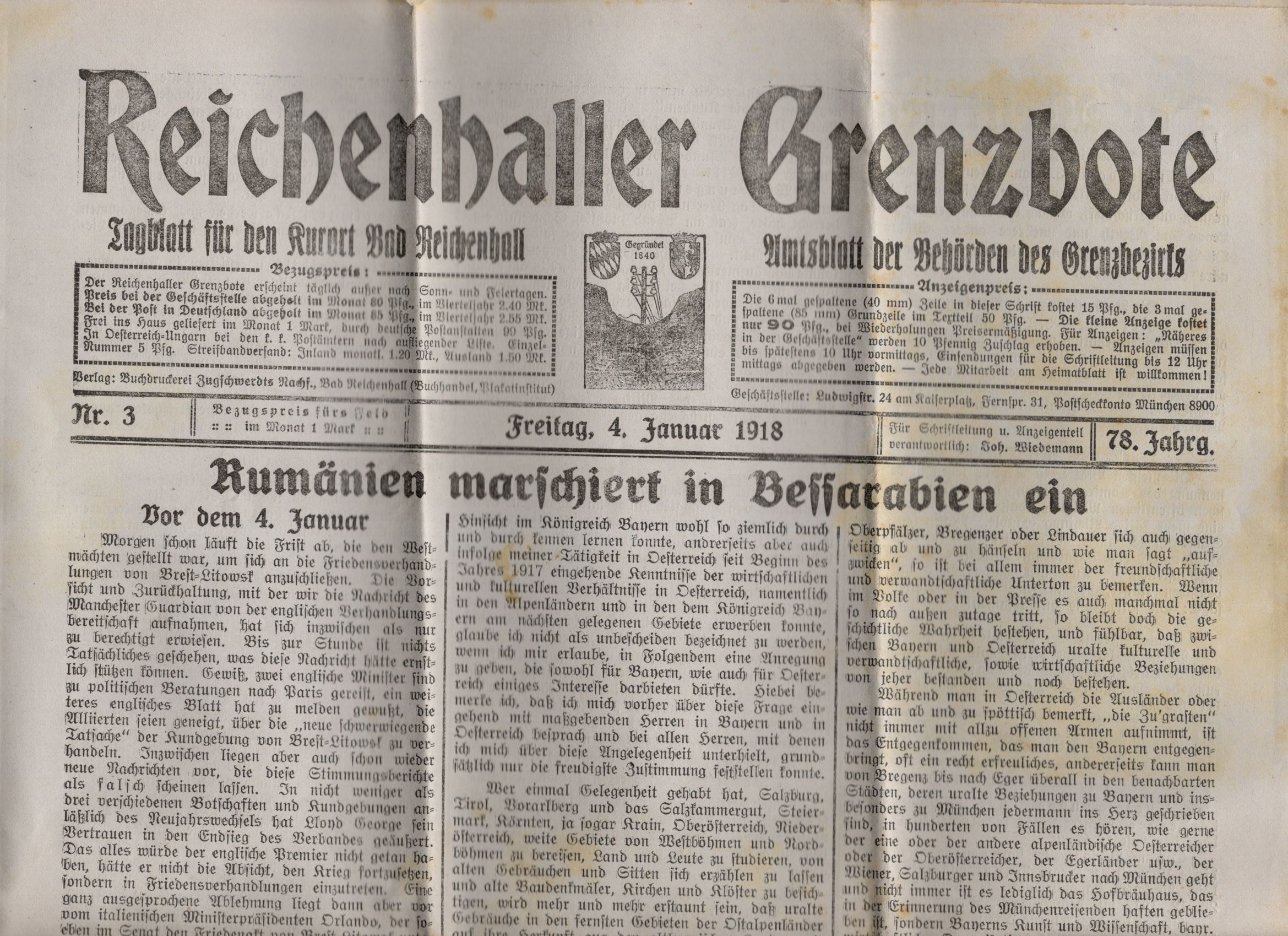 Reichenhaller Grenzbote 2 Stück 1918 Friedensverhandlung Brest Litowsk