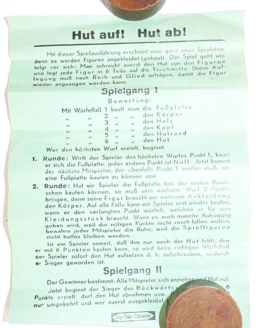 Hut auf Hut ab Ka Ge Spiele um 1930 bis 1940 Hut auf Hut ab Ka Ge Spiele um 1930 bis 1940