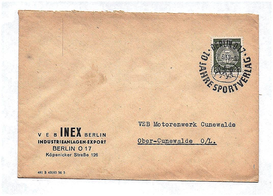 Briefkuvert VEB INEX Berlin Industrieanlagen Export DDR 1957