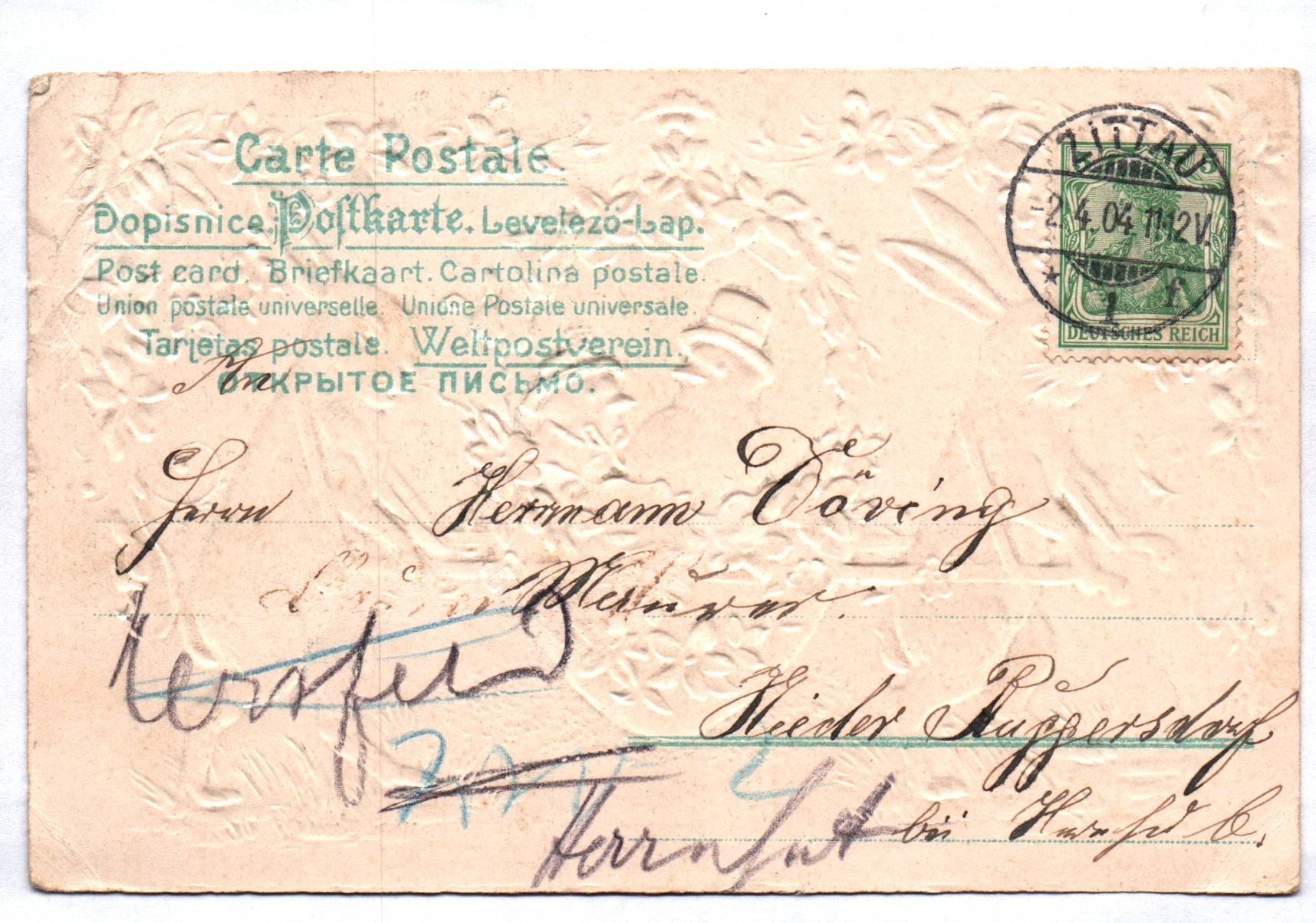 Präge Litho Ak Osterhasen mit Küken im Ei 1904 Fröhliche Ostern