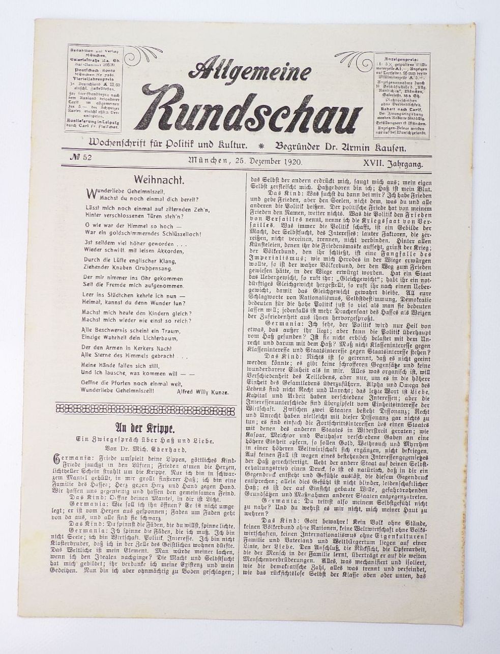 Zeitschrift Allgemeine Rundschau Politik und Kultur 1920 kompletter Jahrgang