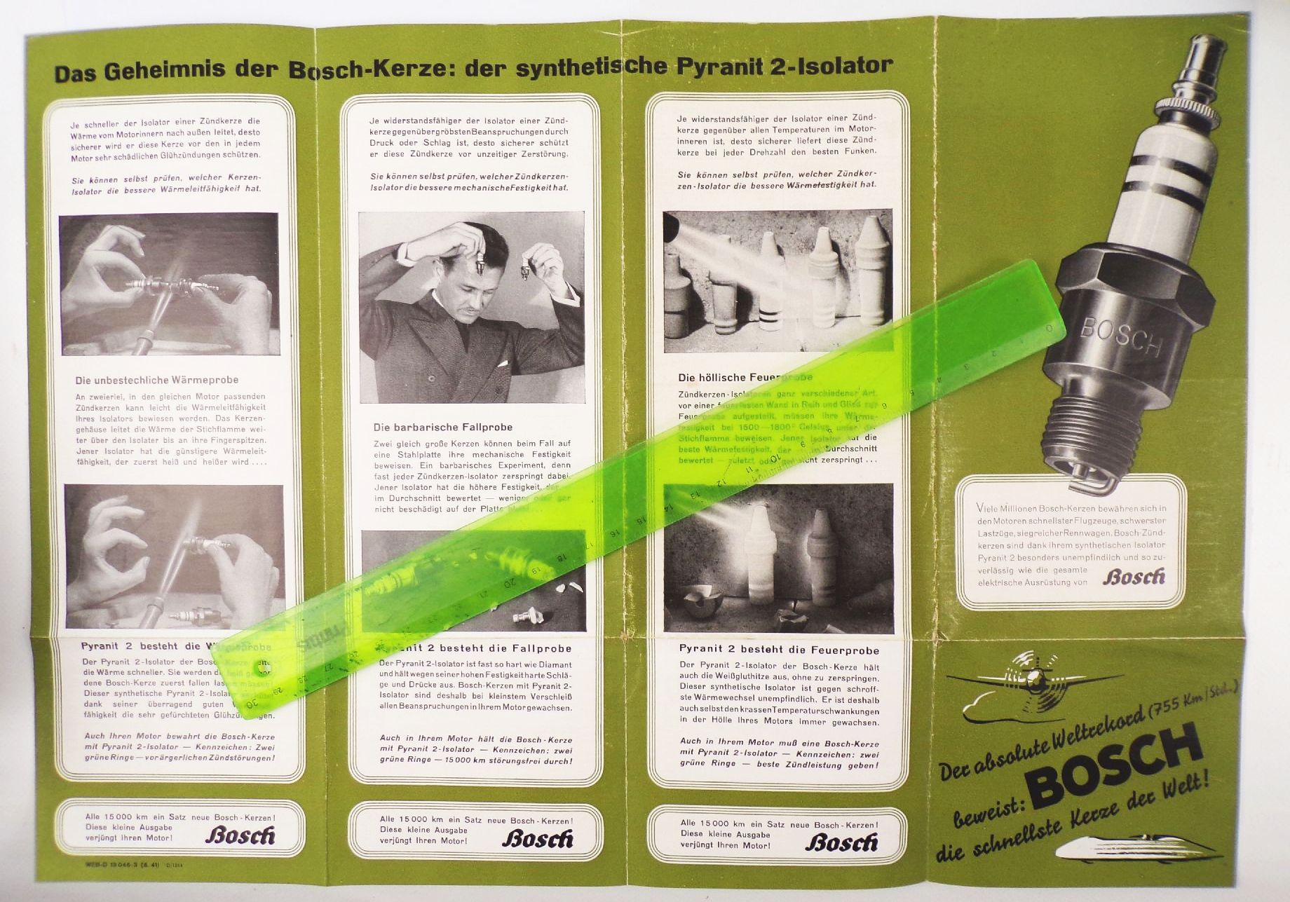 Reklame Prospekt Bosch Zündkerze Pyranit Isolator um 1940 Oldtimer 