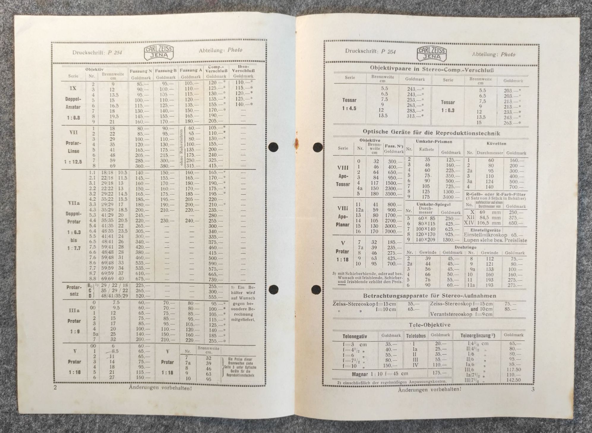 Carl Zeiss Jena Photographische Objekte alte Preisliste