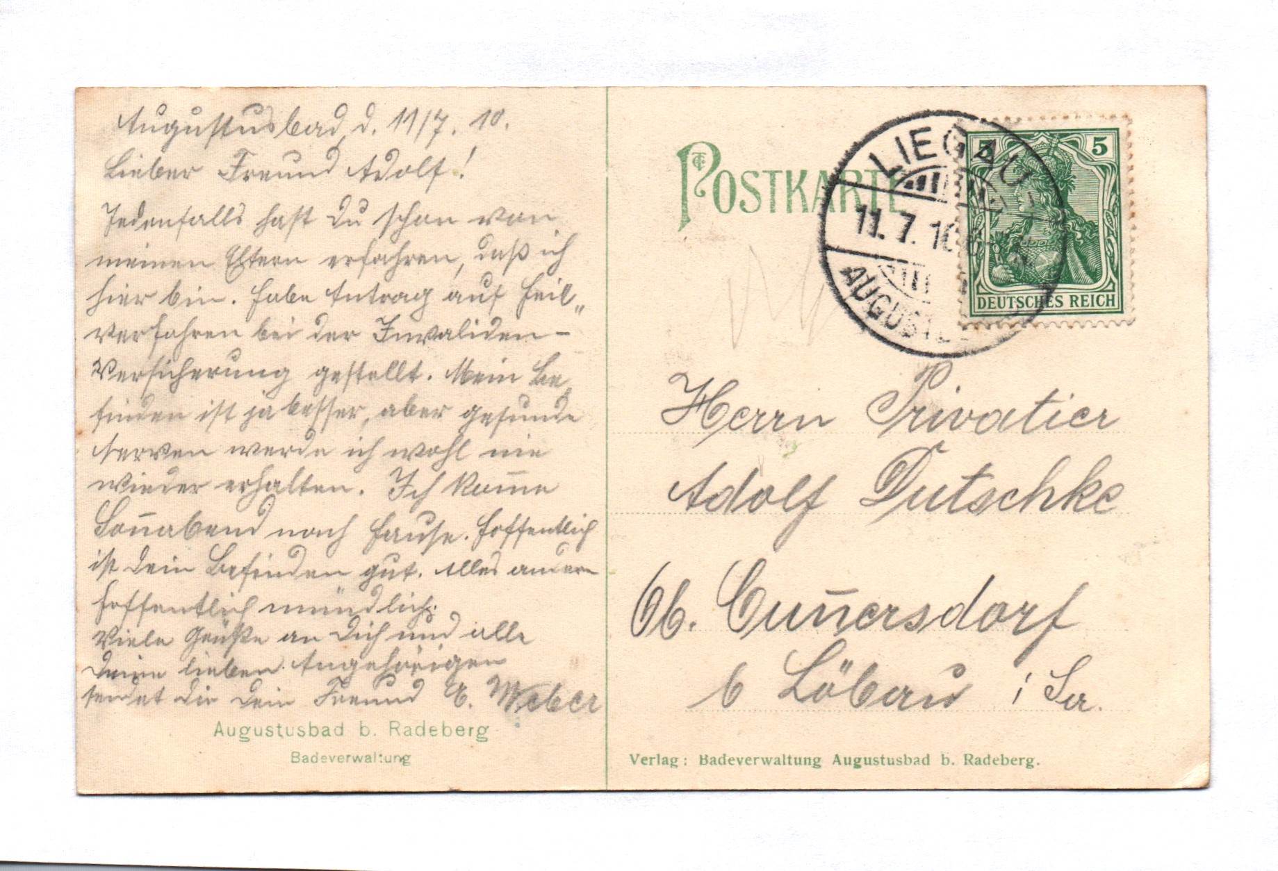 Ak Augustusbad b. Radeberg Badeverwaltung Postkarte 1910