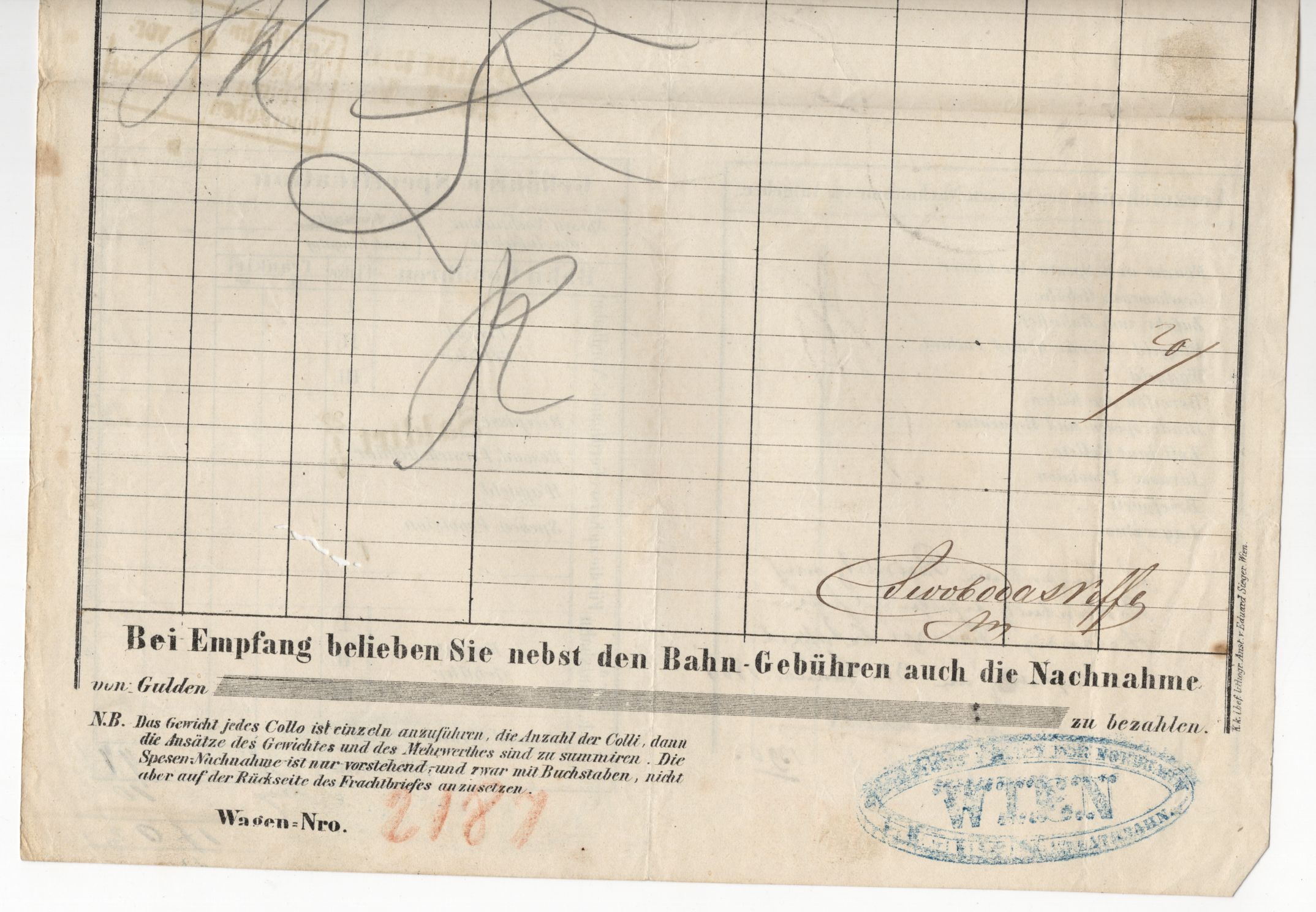 Dokument Kaiser Ferdinand Nordbahn 1861 Wien Frachtbrief 