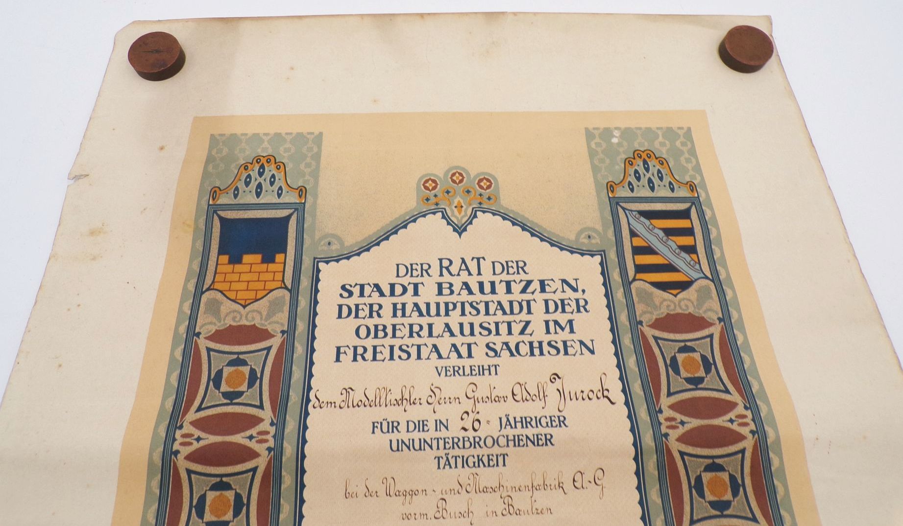 Urkunde Waggonbau Busch Bautzen 1924 Urkunde Waggonbau Busch Bautzen 1924