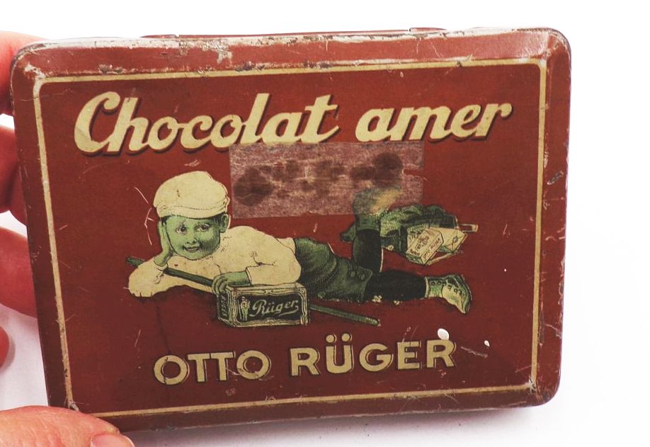 Alte Blechdose Otto Rüger Chocolat amer um 1900 