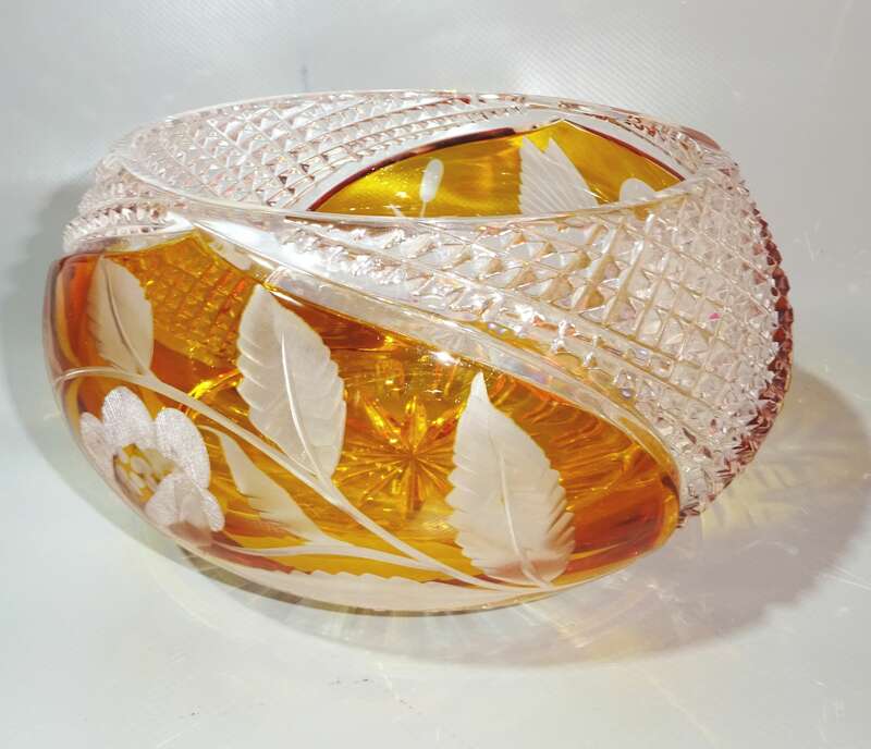 Kristall Schale Schwan Blumen Orange Gelb Vintage Kristallschale 