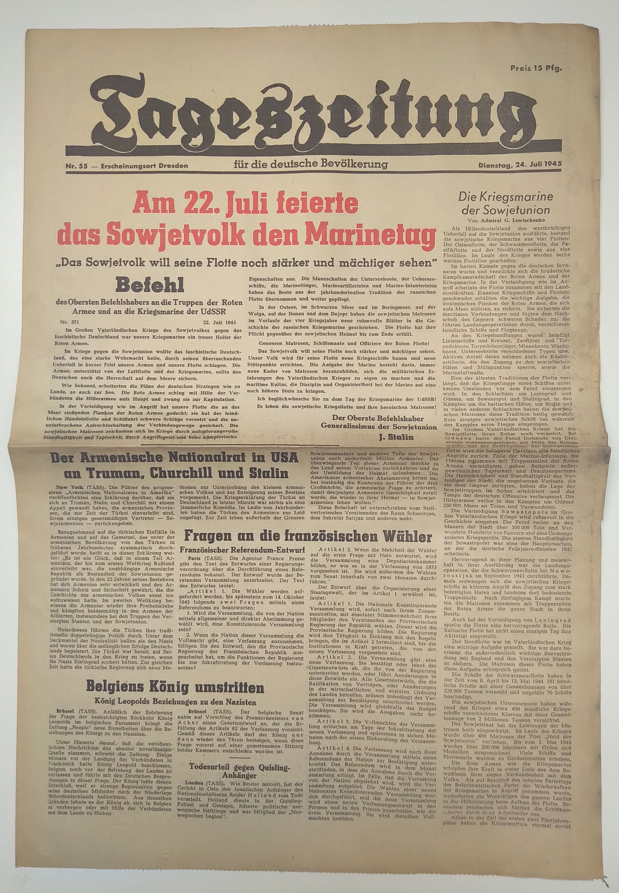 Tageszeitung Sowjetvolk feiert Marinetag 1945 Nr 55