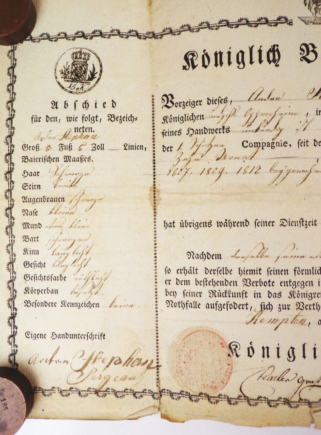 Abschied kgl Bayern Armee 11 Linien Infanterie Regiment Graf von Geldern 1814