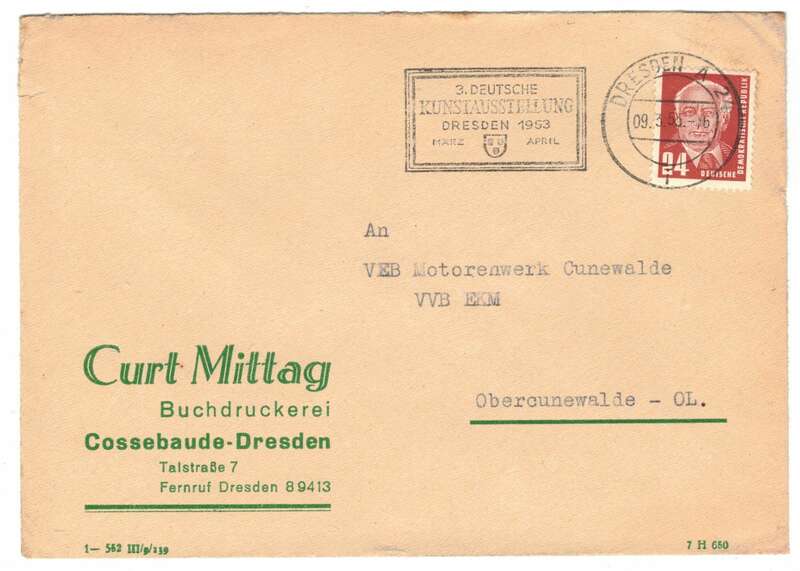 Brief 1953 Curt Mittag Buchdruckerei Cossebaude Dresden 