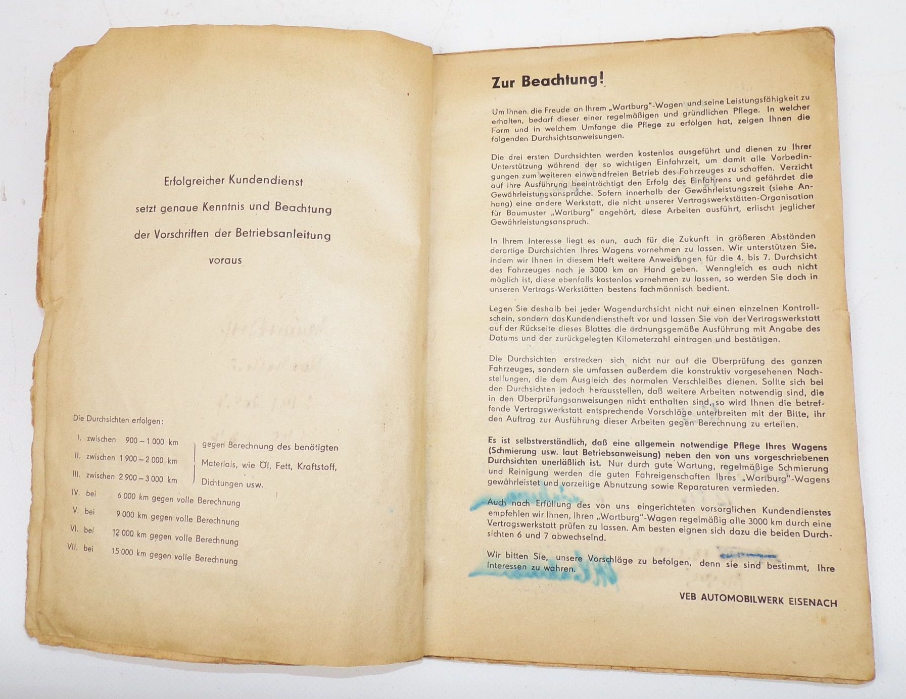 Kundendienstheft Wartburg Personen Kraftwagen 1957 PKW Oldtimer