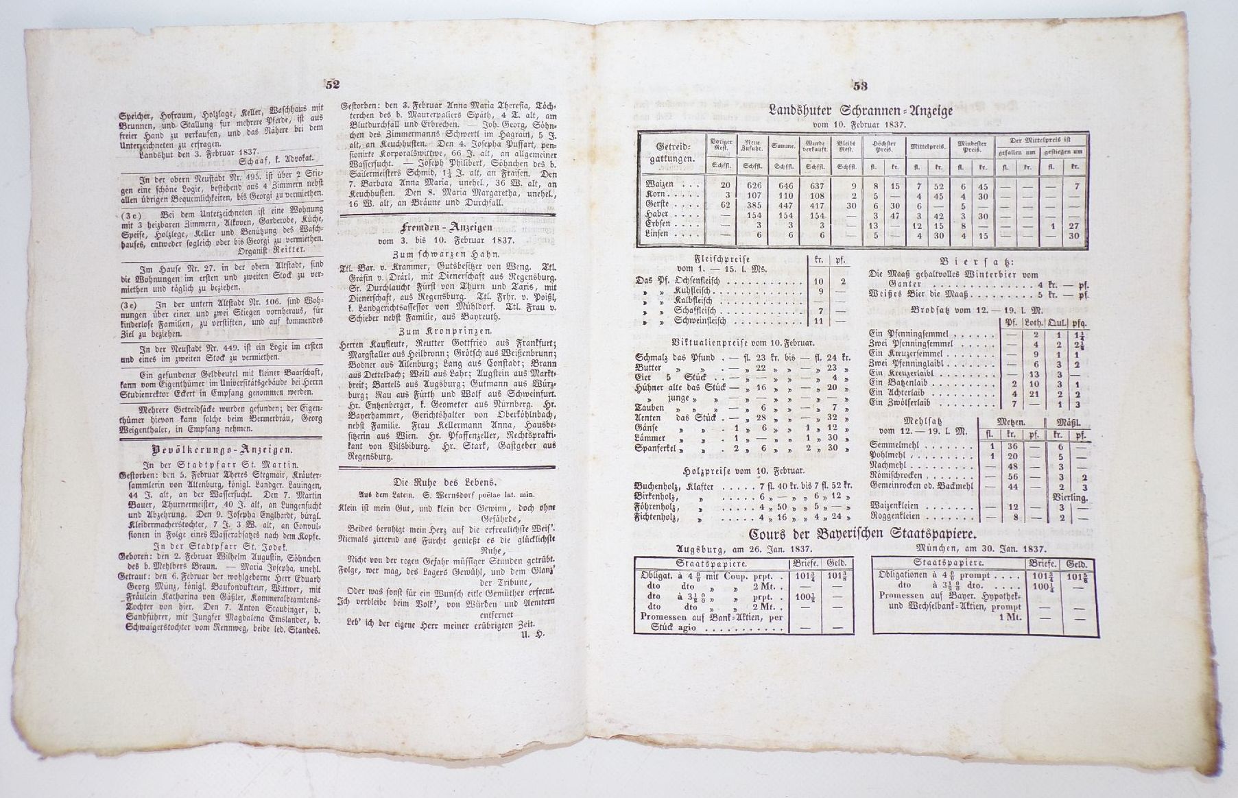 Alte Landshut Zeitungen Wochenblatt 1837 1844 1855 1865 