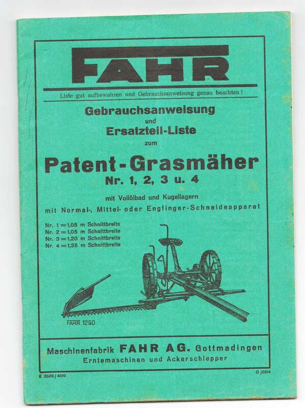 Gebrauchsanweisung Ersatzteilliste Patent Grasmäher Fahr Gottmadingen 1930er (H10