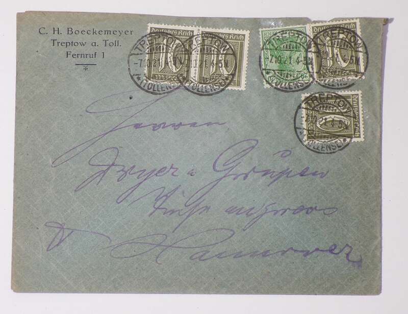 Firmen Brief 1921 Boeckemeyer Treptow a Toll nach Hannover 1921 