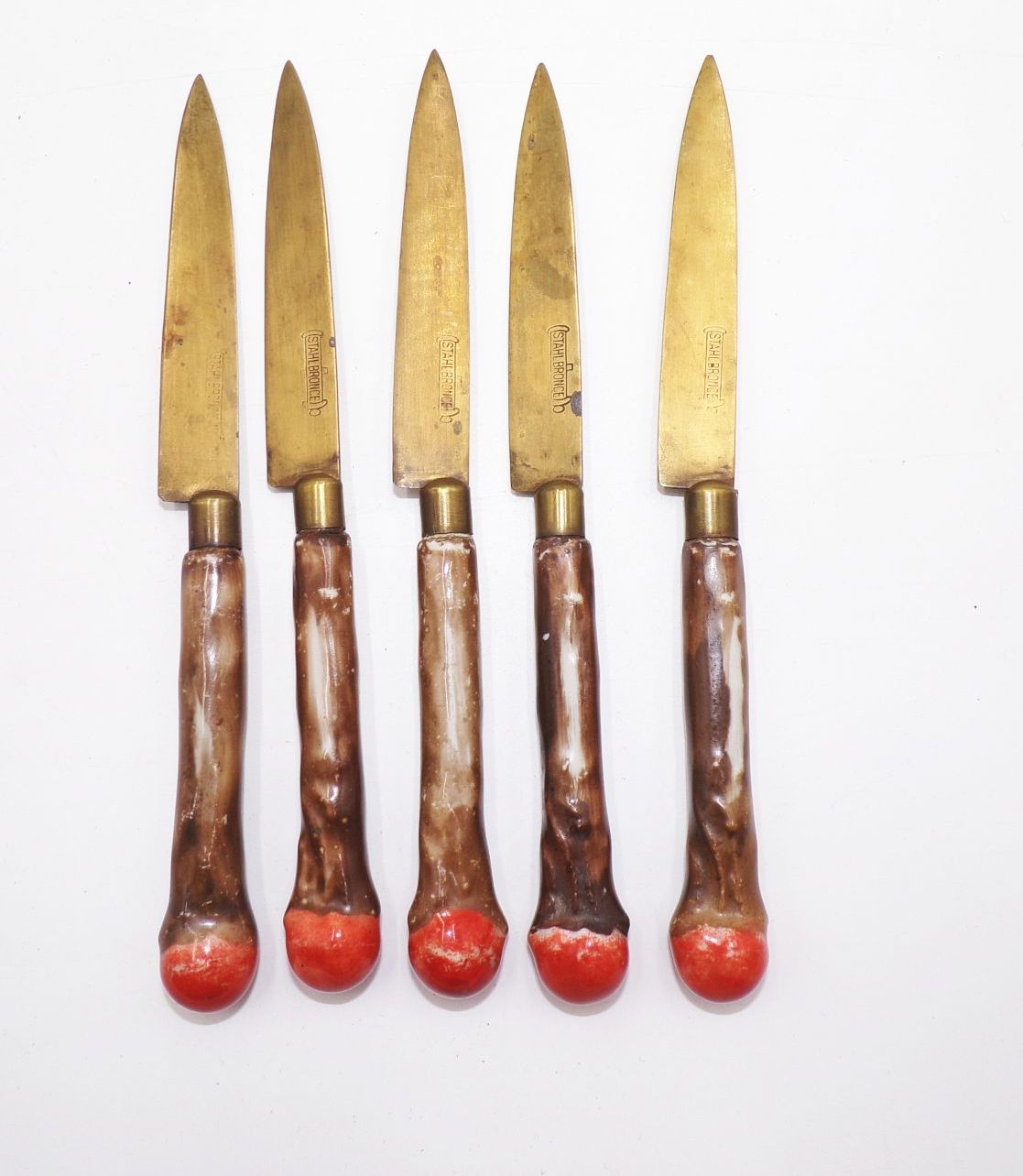 Alte Obstmesser 5 Stück Stahl Bronze mit Porzellangriff 
