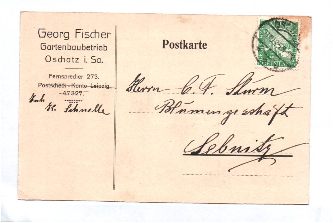 Firmen Postkarte Georg Fischer Gartenbau Betrieb 1925 Oschatz Firmen Postkarte Georg Fischer Gartenbau Betrieb 1925 Oschatz