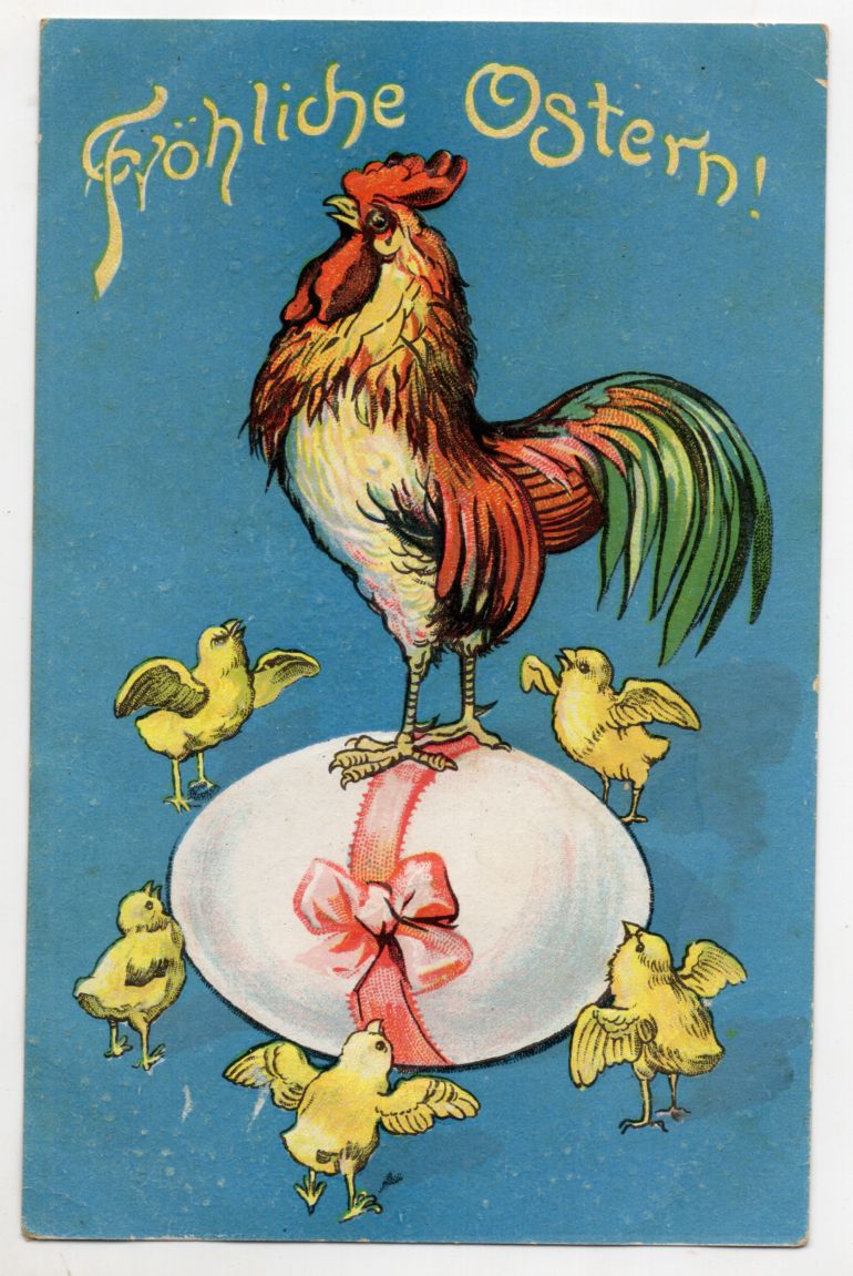 Litho Ak Hahn steht auf Osterei Küken Fröhliche Ostern leicht geprägt