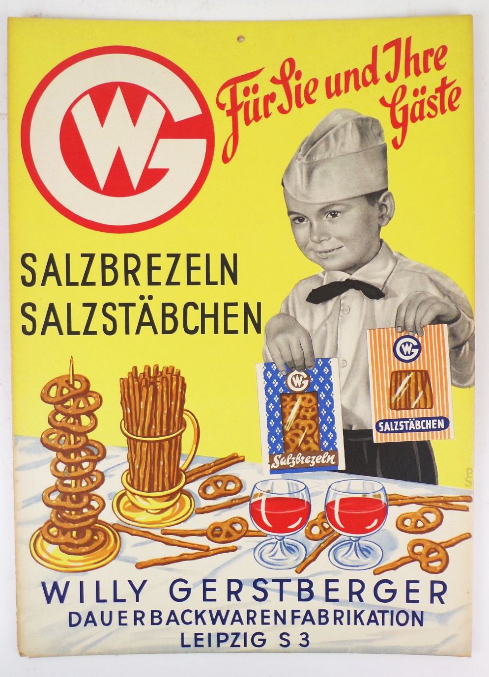 Altes Pappschild Willy Gerstberger Backwaren Leipzig Salzbrezel Salzstangen 