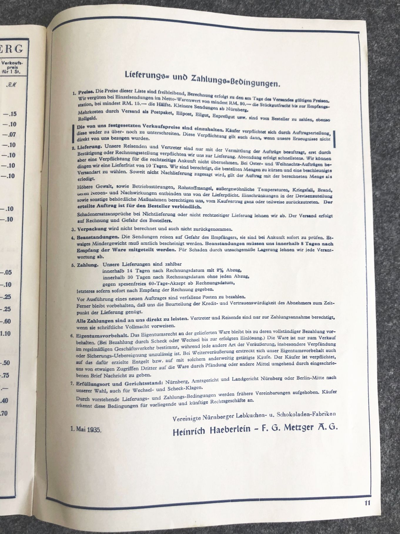 Haeberlein Metzger AG Nürnberg Preisliste 1935