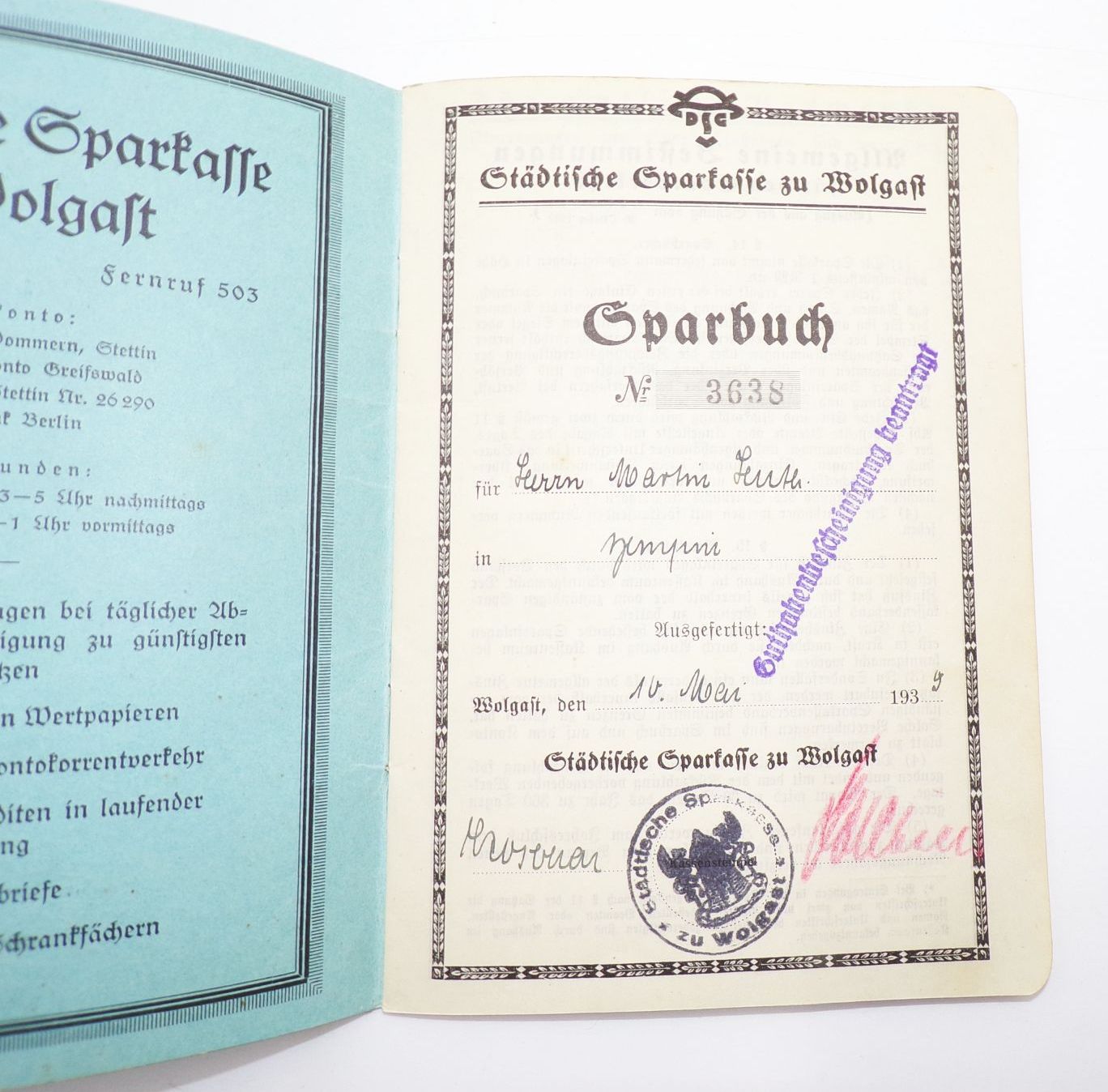 Altes Sparbuch Wolgast 1939 bis 1940 Altes Sparbuch Wolgast 1939 bis 1940