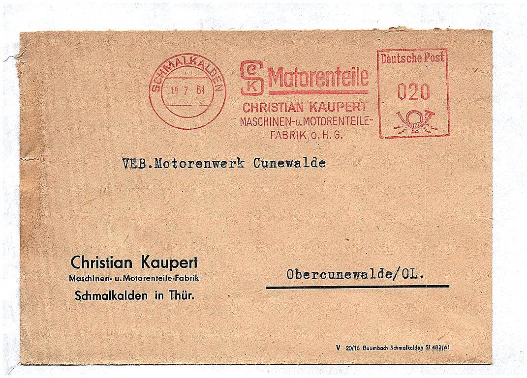 Brief DDR Maschinen und Motorenteile Fabrik an VEB Motorenwerk Cunewalde 1961