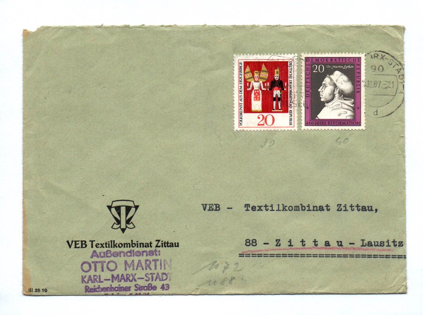 Brief VEB Textilkombinat Zittau 1967 DDR Mischfrankatur Brief VEB Textilkombinat Zittau 1967 DDR Mischfrankatur