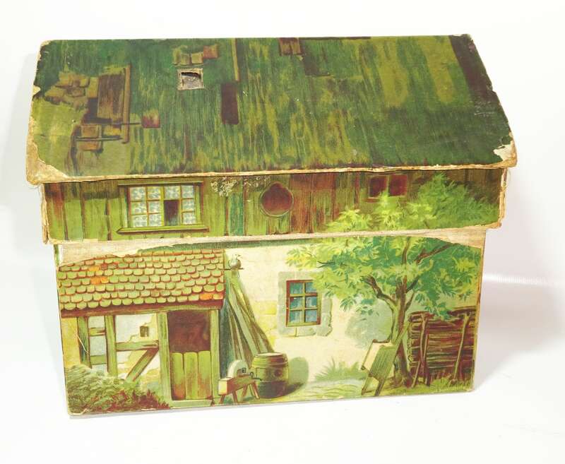 Uralte Pappdose Haus Schatulle lithografiert um 1890 Behälter Deko 