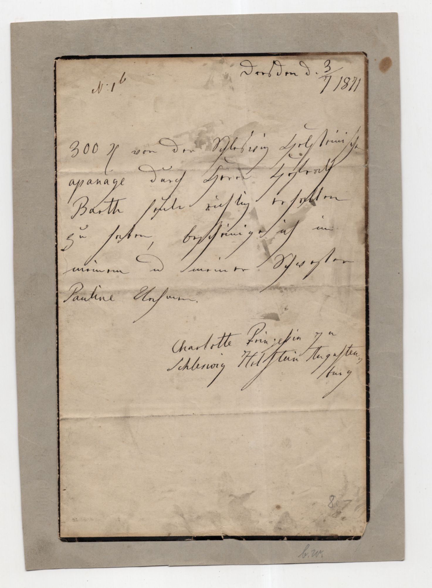 Autograph Charlotte Prinzessin von Schleswig Holstein 1871 Dresden