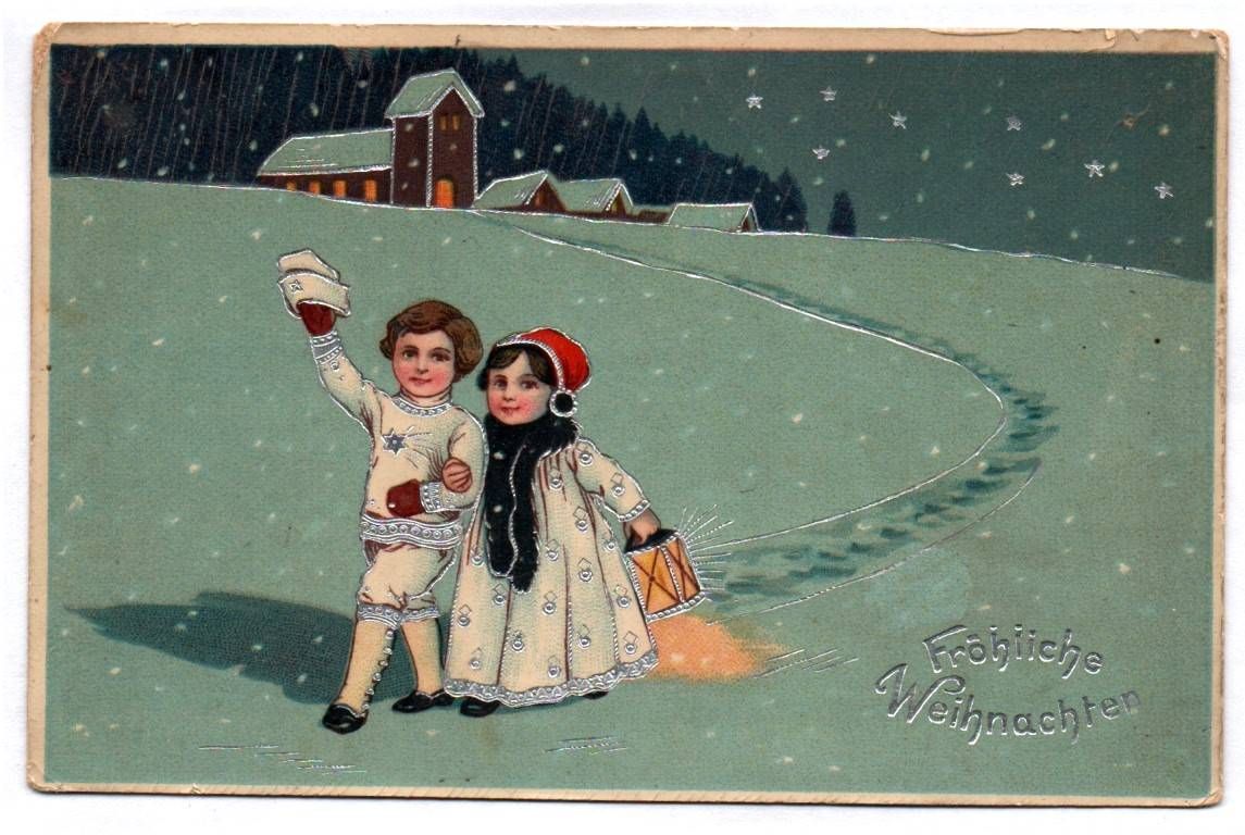 Postkarte Kinder laufen im Schnee um 1920