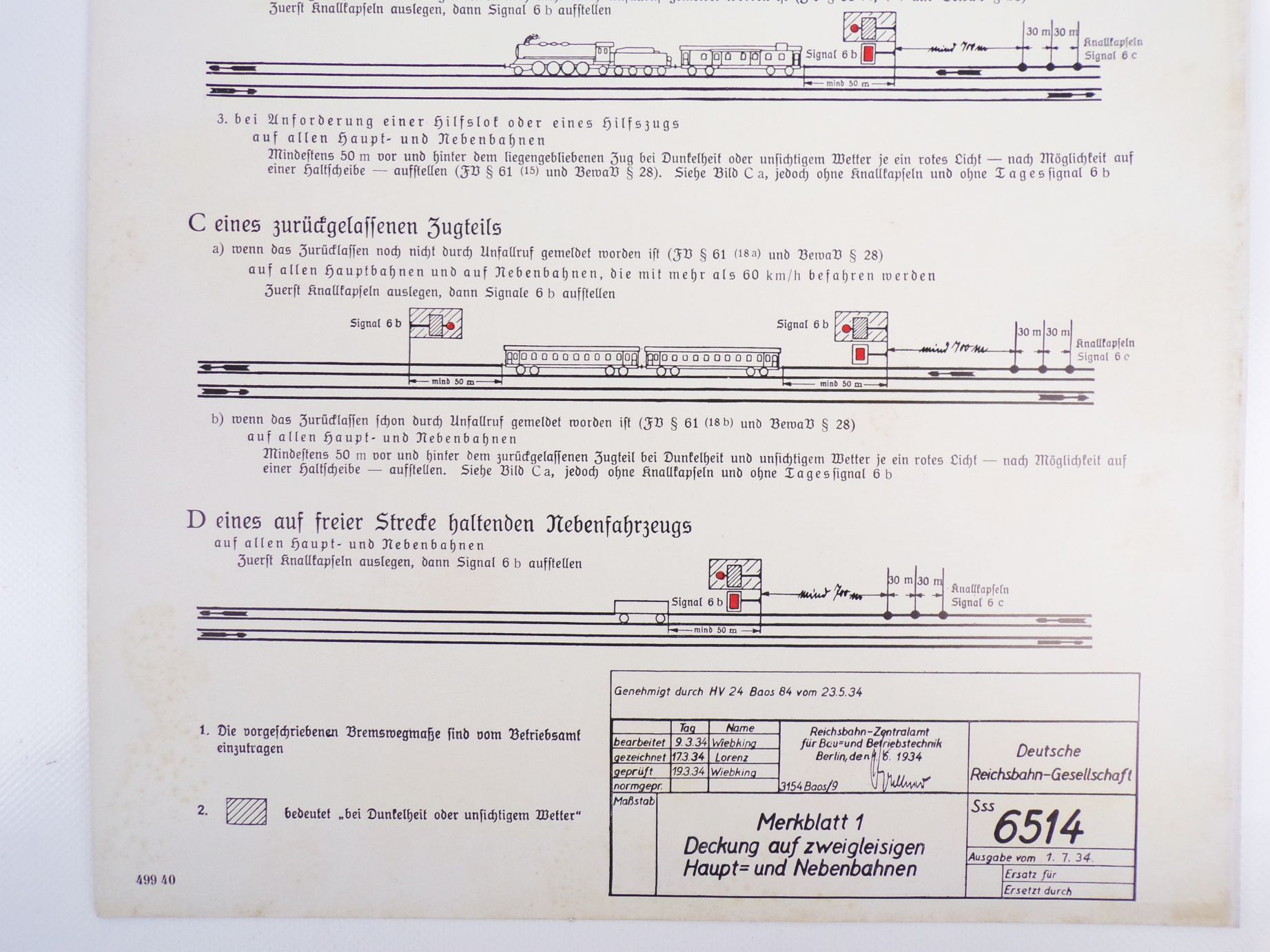 Altes Schild Reichsbahn Merkblatt Deckung auf zweigleisiger Strecke 1934 Berlin