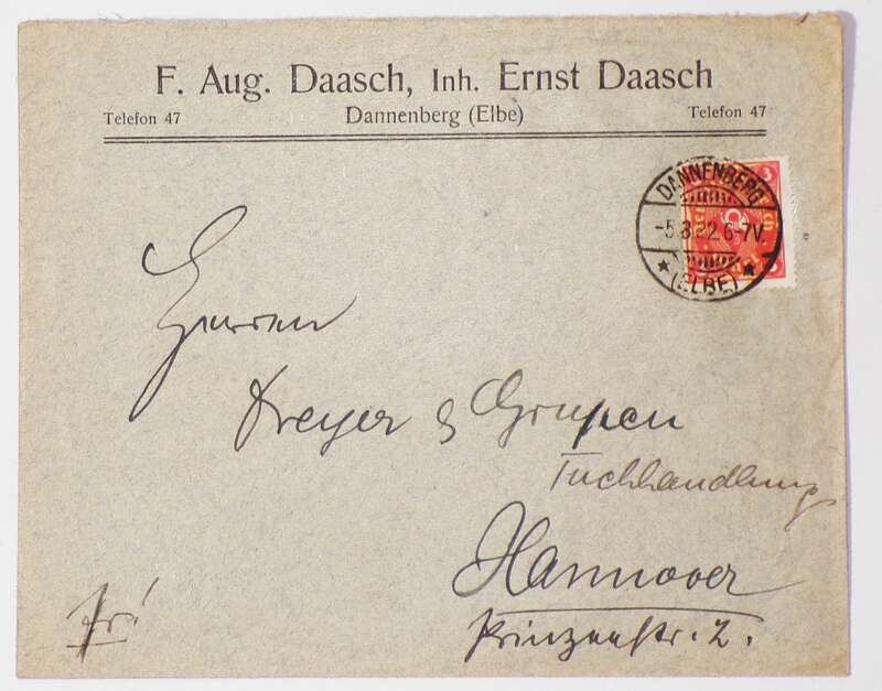 Brief Daasch Ernst Daasch Dannenberg Elbe 1922 Werbebrief