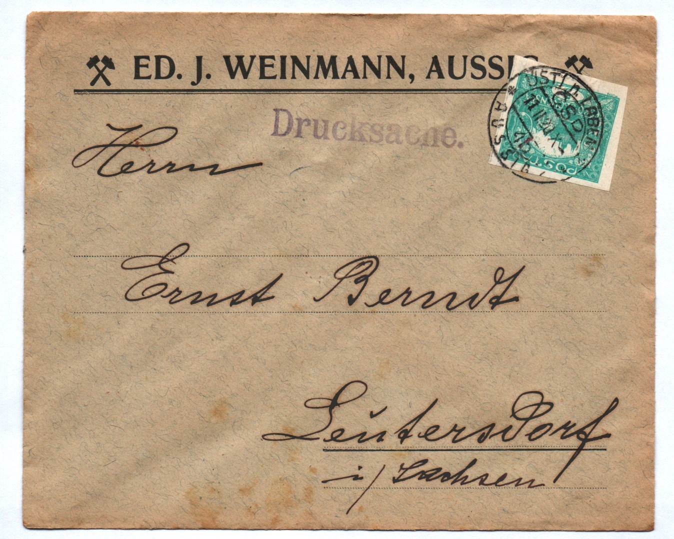 Drucksache ED J Weinmann Aussig Briefkuvert 1920