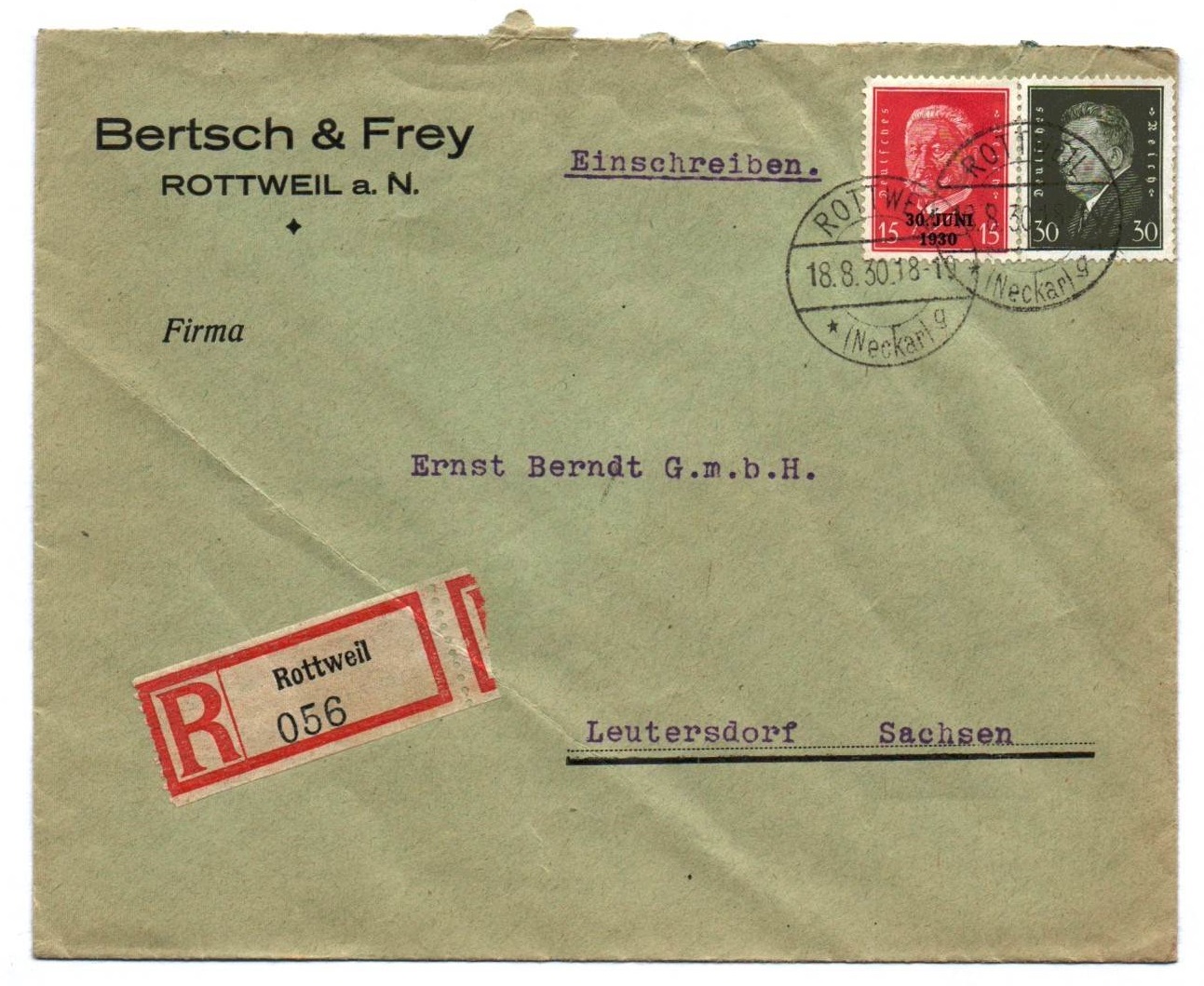 R Brief Bertsch Frey Rottweil a N Einschreiben 1930 R Brief Bertsch Frey Rottweil a N Einschreiben 1930