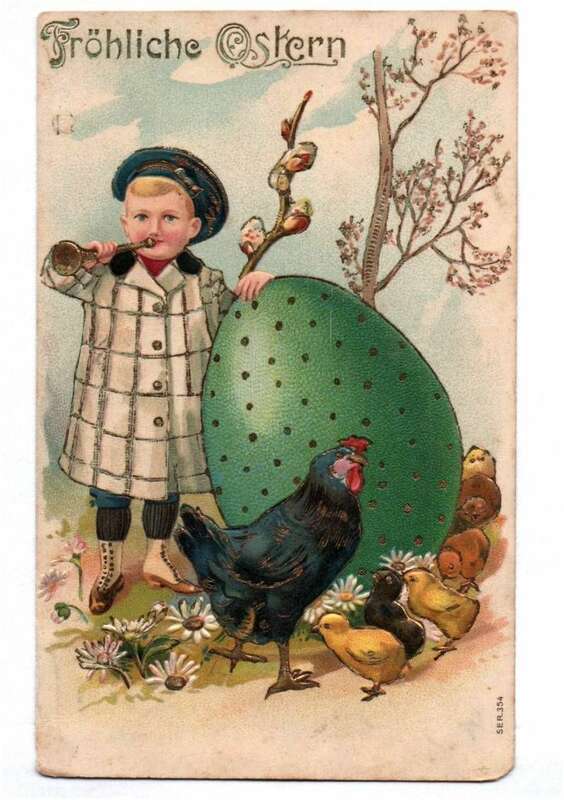 Ak Bube mit Hühnern Küken und großen Osterei Ostern 1908 geprägt