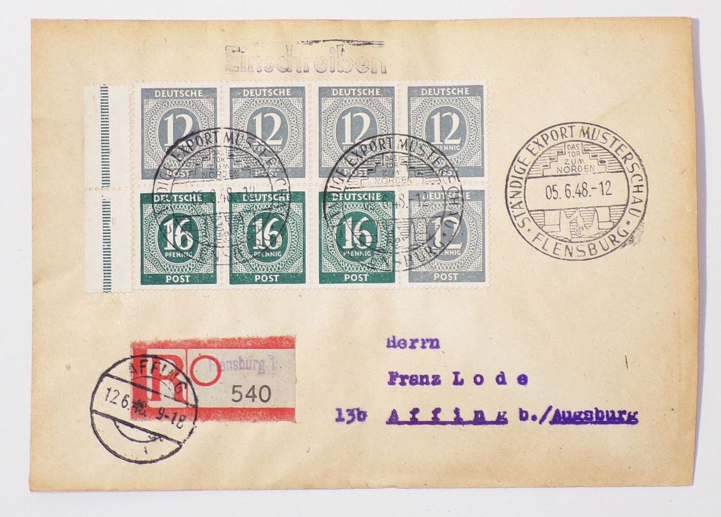 R Brief Flensburg H Blatt 123 nach Affing bei Augsburg 1948 
