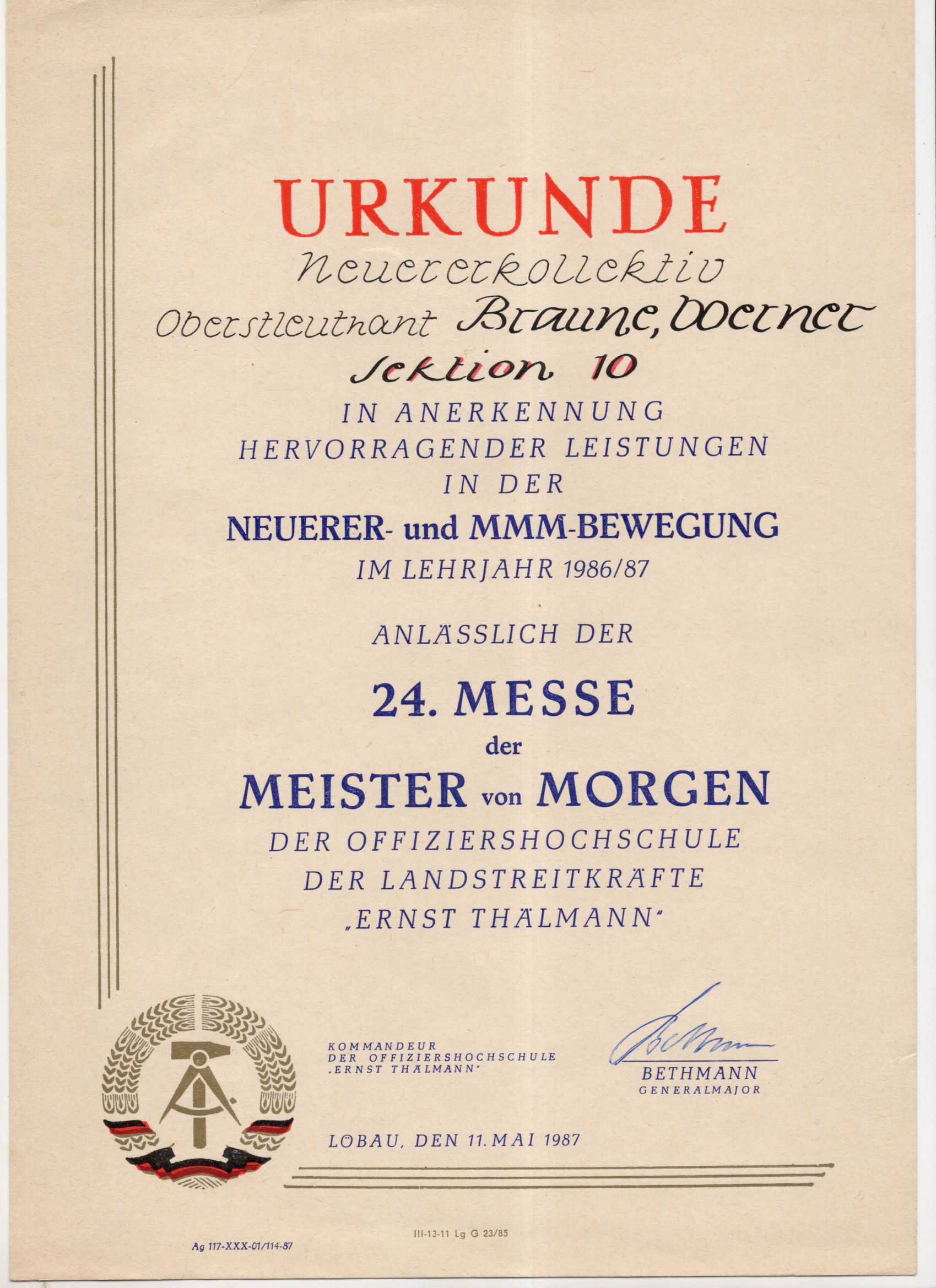 Urkunden Nachlass Offiziershochschule der Landstreitkräfte Ernst Thälmann Löbau
