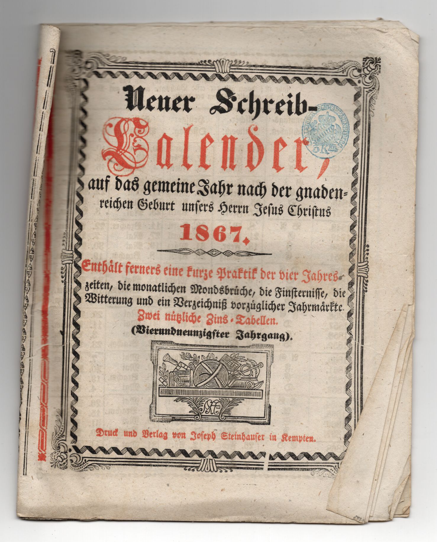 Allgemeiner Schreibkalender 1867 Bayern Kalender