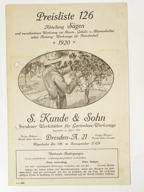 Kunde und Sohn Dresden 3 Preislisten Katalog Gartengeräte Messer 1919 1920