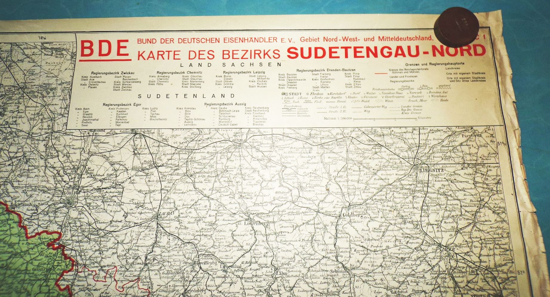 Alte Landkarte Sudeten Gau Nord Bund der deutschen Eisenhändler 