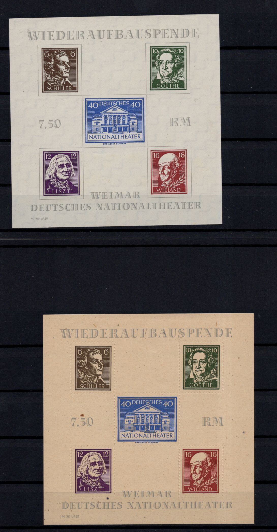 2 x Thüringen Block 3 A und 3 B Wiederaufbauspende Weimar Deutsches Nationaltheater