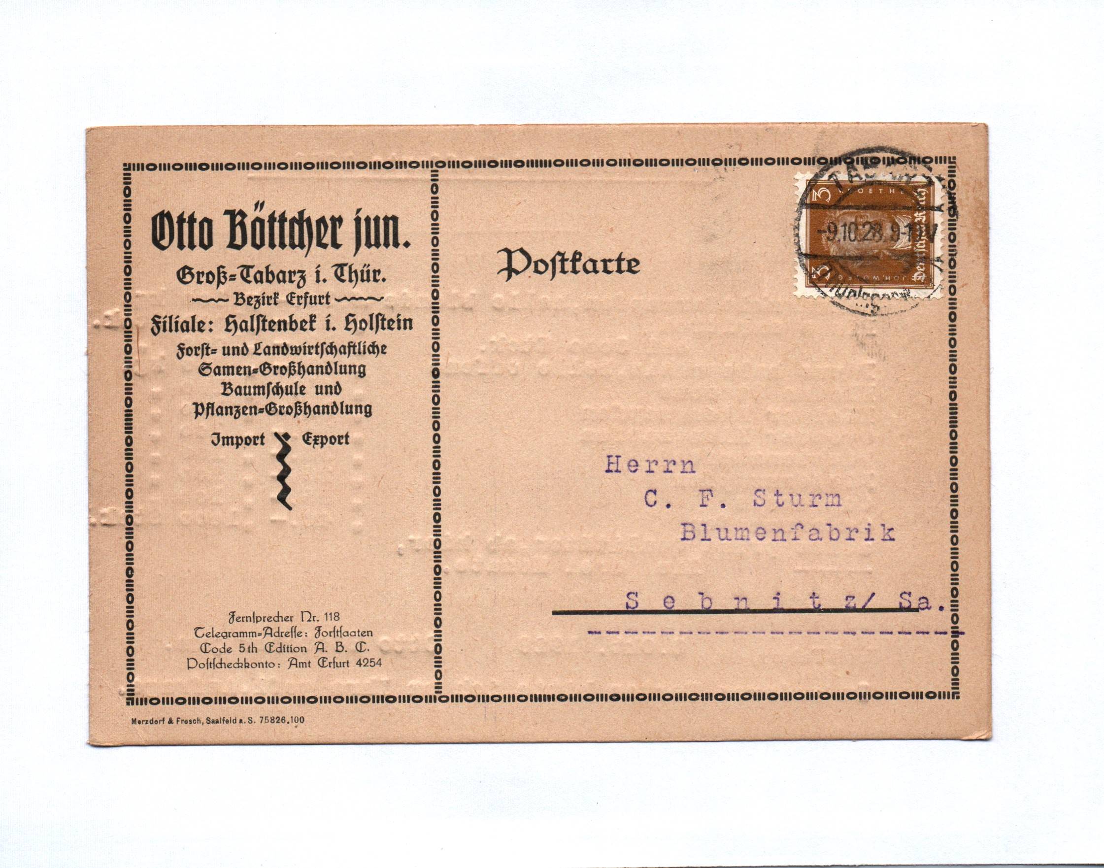 Postkarte Otto Böttcher Groß Tabarz Samen Großhandlung 1928 Postkarte Otto Böttcher Groß Tabarz Samen Großhandlung 1928