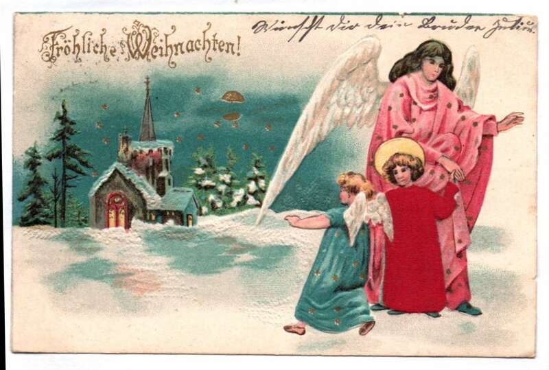 Litho Ak Engel vor Kirche mit Seide geprägt Fröhliche Weihnachten