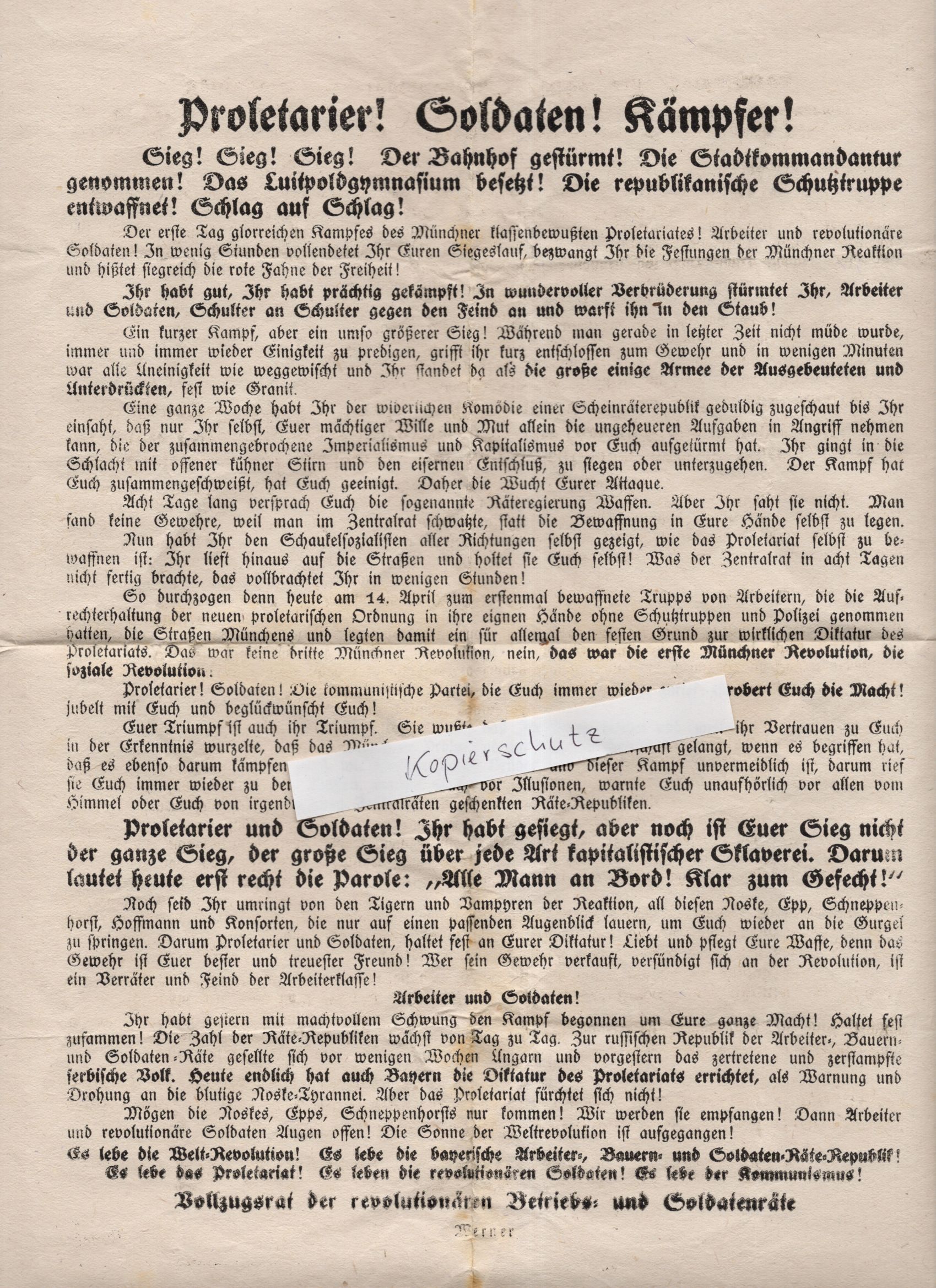 Kommunistisches Flugblatt 1919 Proletarier Soldaten Kämpfer Räterepublik 