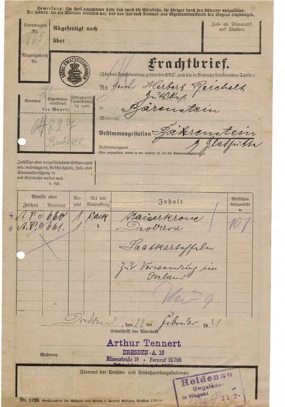 Frachtbrief Arthur Tennert Dresden A16 nach Bärenstein 1921 Marke 